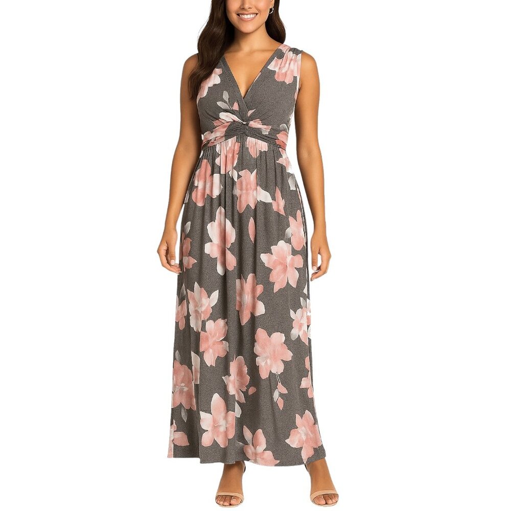 🌸 Pink Floral Sleeveless Grey Maxi Dress — Size 0L (Twist-Front Detail)